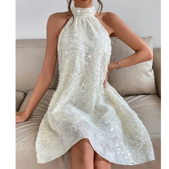 Luxe Sequin Fuzzy Party Evening Holiday Halter Dress - Picture 3 of 5